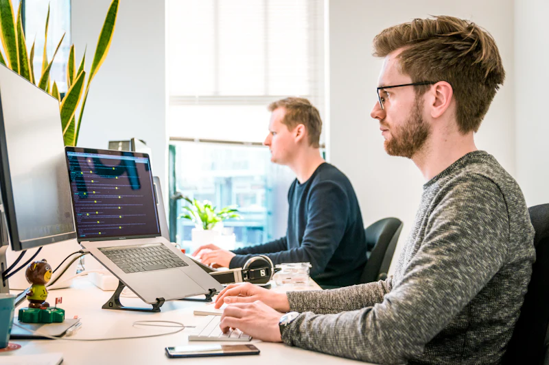 Two developers at work in a bright office