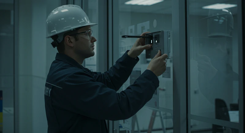 Technician installing an access reader by a glass door